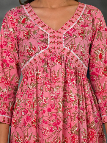 Varanga Pink floral printed a-line kurta with side slits paired with tonal bottom and dupatta